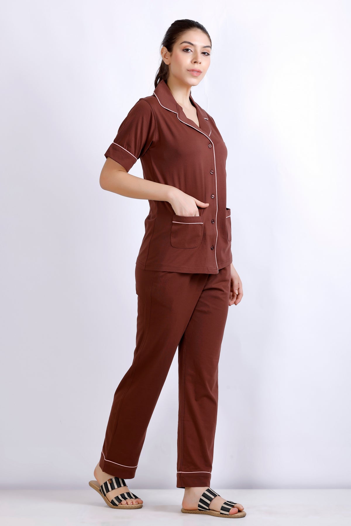 Premium Brown Collar Night Suit For Women MX_HS42