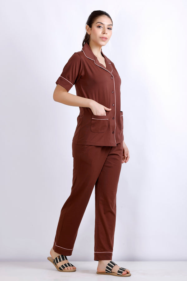 Premium Brown Collar Night Suit For Women MX_HS42