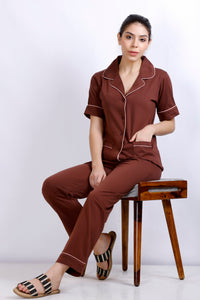Premium Brown Collar Night Suit For Women MX_HS42