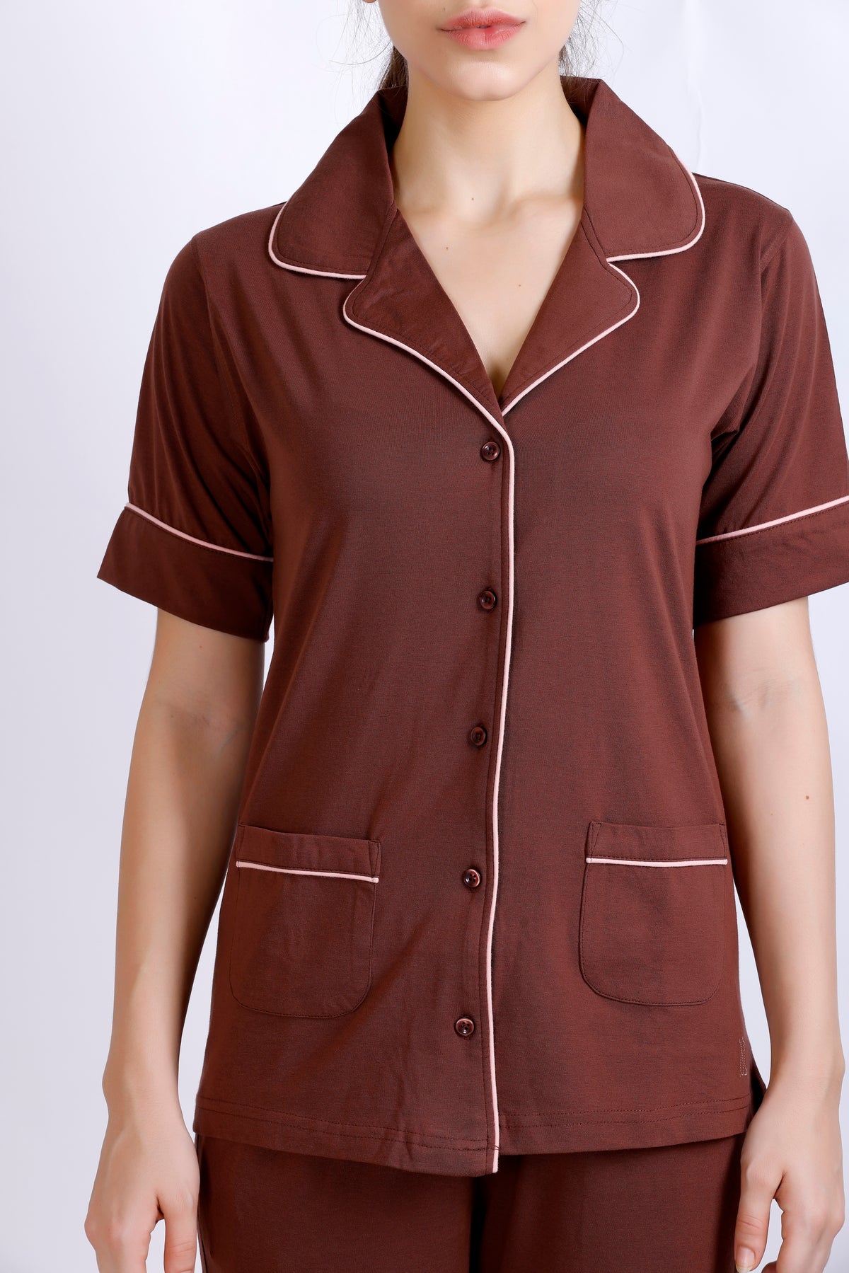 Premium Brown Collar Night Suit For Women MX_HS42