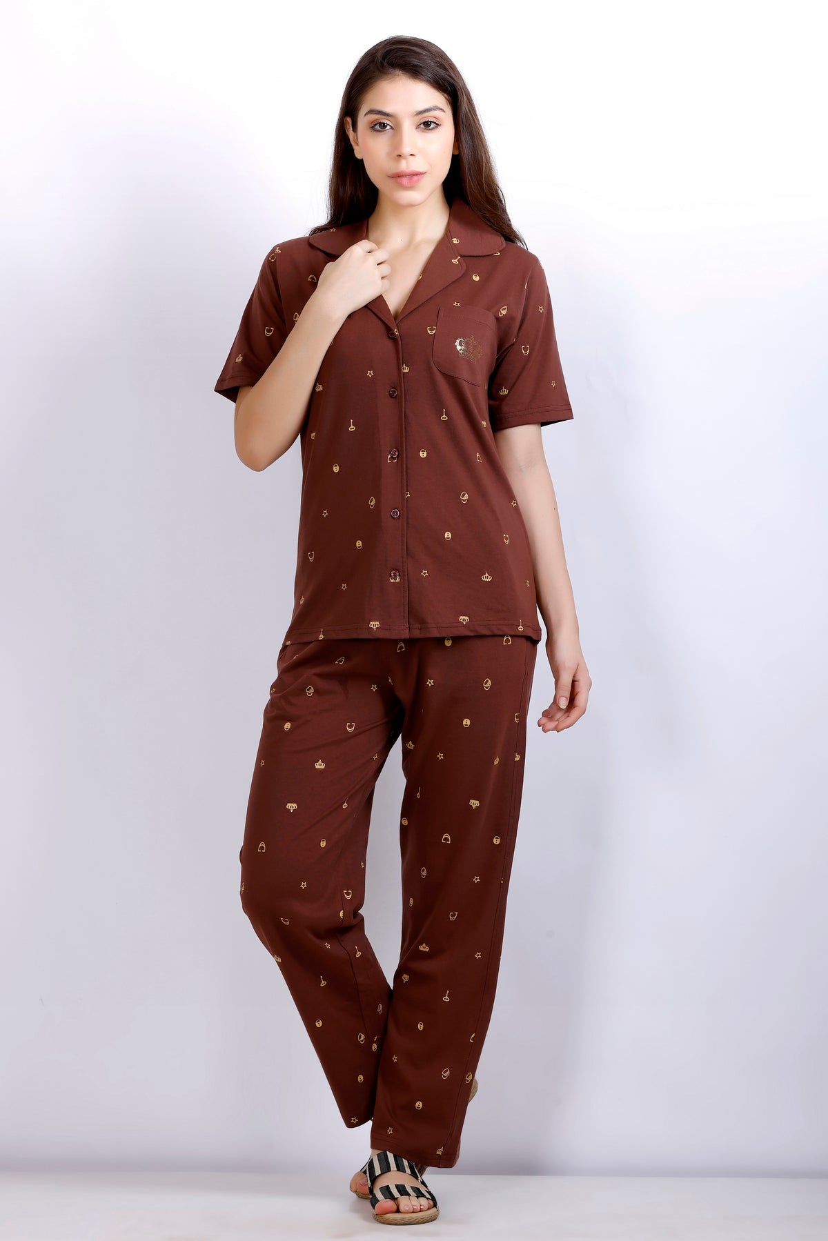 Brown Printed Collar Nightwear Women's Top Pyjama Set with Pockets Comfortable and Stylish Sleepwear MX_HS46