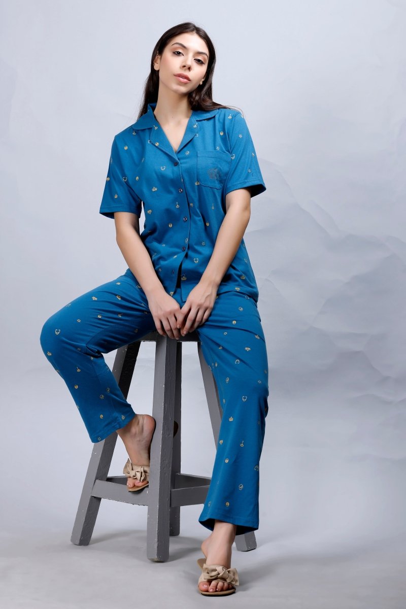 Blue Printed Collar Nightwear Women's Top Pyjama Set with Pocket MX_HS48