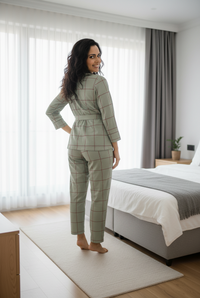 WOMEN CHECK NIGHTWEAR WITH BELT