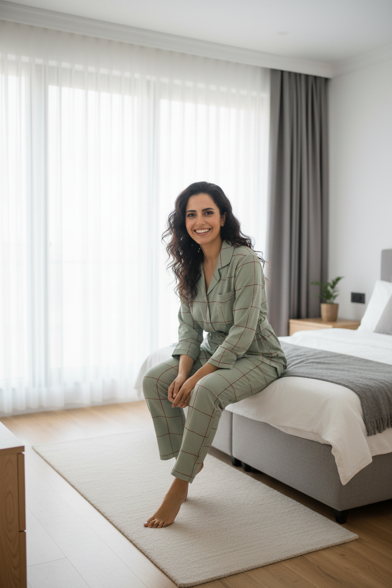 WOMEN CHECK NIGHTWEAR WITH BELT