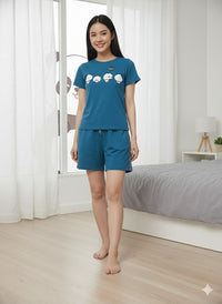 Denim Blue , Panda Print Nightwear With Shorts MX_SPS32