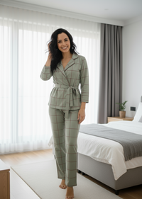 WOMEN CHECK NIGHTWEAR WITH BELT