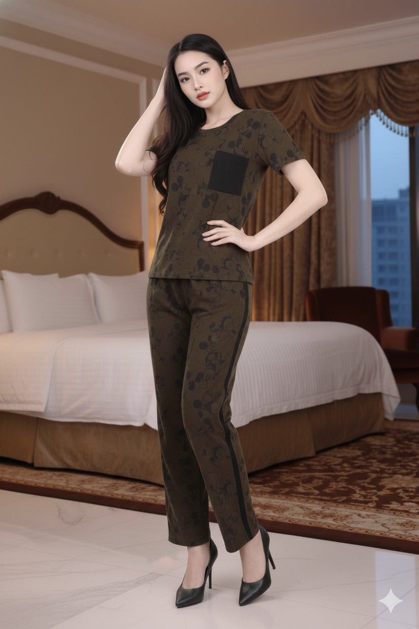 Olive With Black Mickey printed Nightwear  MX_CBS06