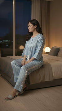 Powder Blue Cotton with satin detailing Nightwear