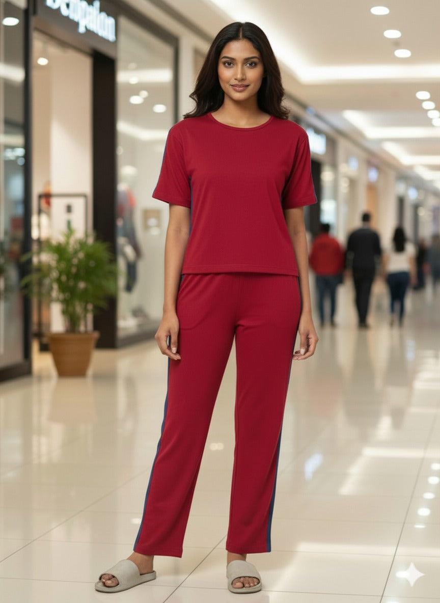 Maroon With Navy Blue Side Strip Nightwear MX_CSS04