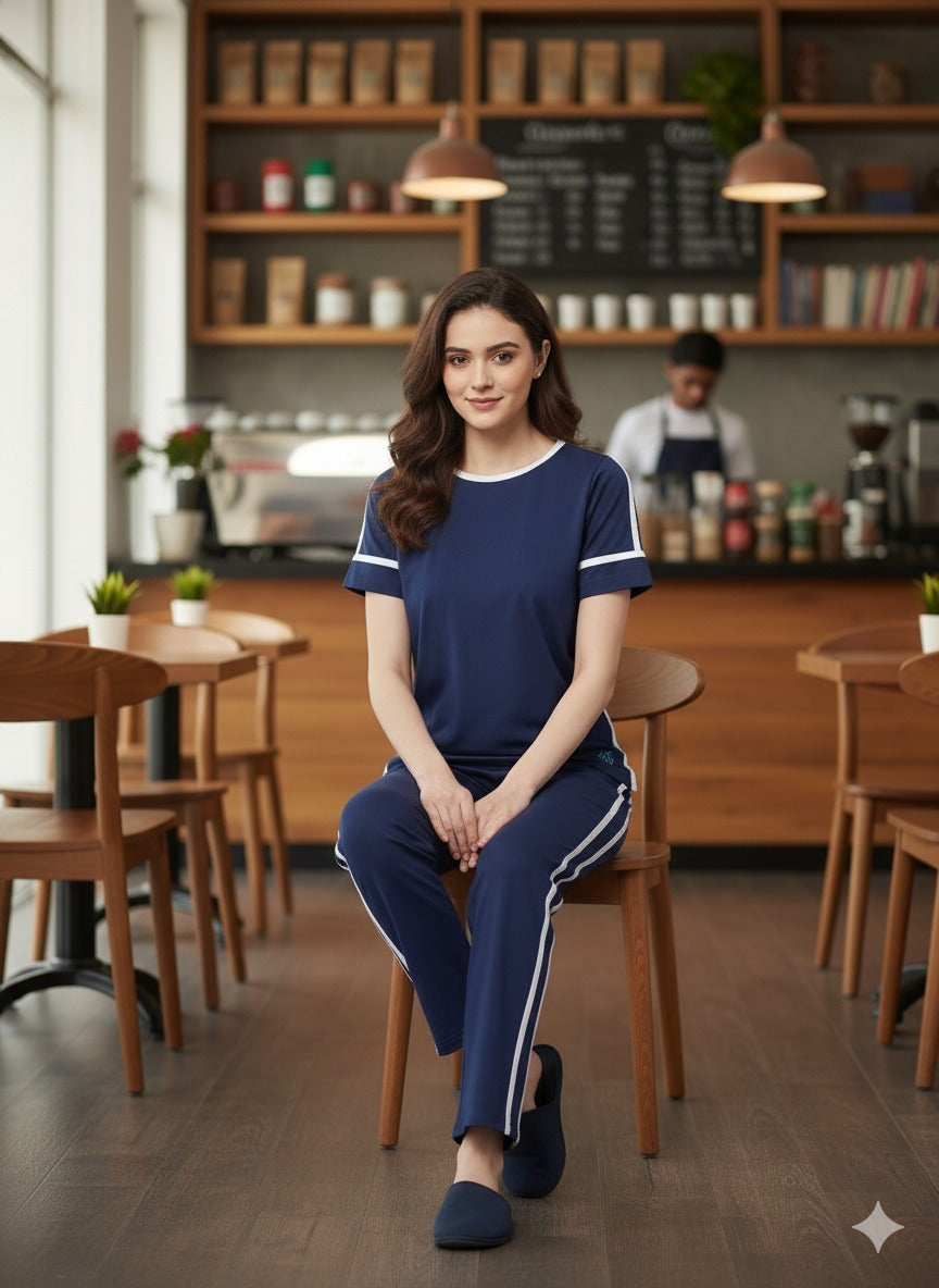 Everyday Dark Blue With white Twin Striped Nightwear Top & Pajama Set MX_CSS21