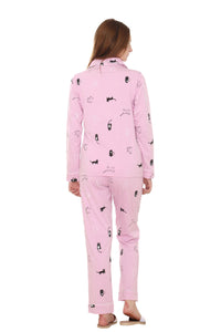 Cat Print Lavender Color, Collar Nightwear with Contrast Pocket MX_CPS13